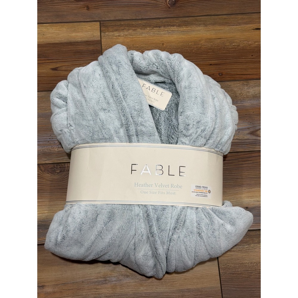 Fable Heather Velvet Robe One Size Light Blue Gray Plush Shawl Collar NEW Hygge